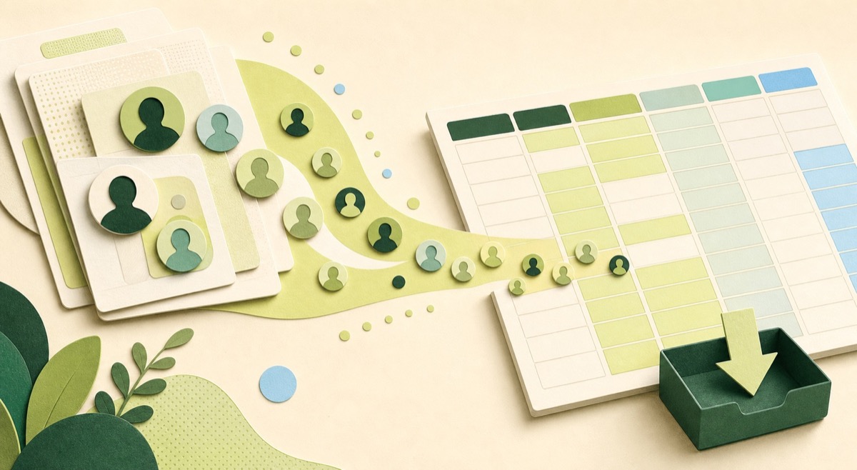 Paper-cut illustration of public follower rows flowing into a structured spreadsheet