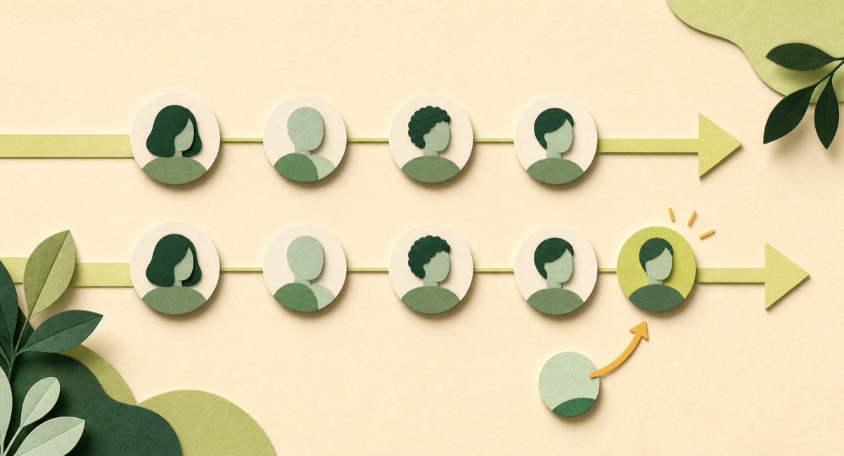 Paper-cut timeline showing a new profile appearing in a later following snapshot